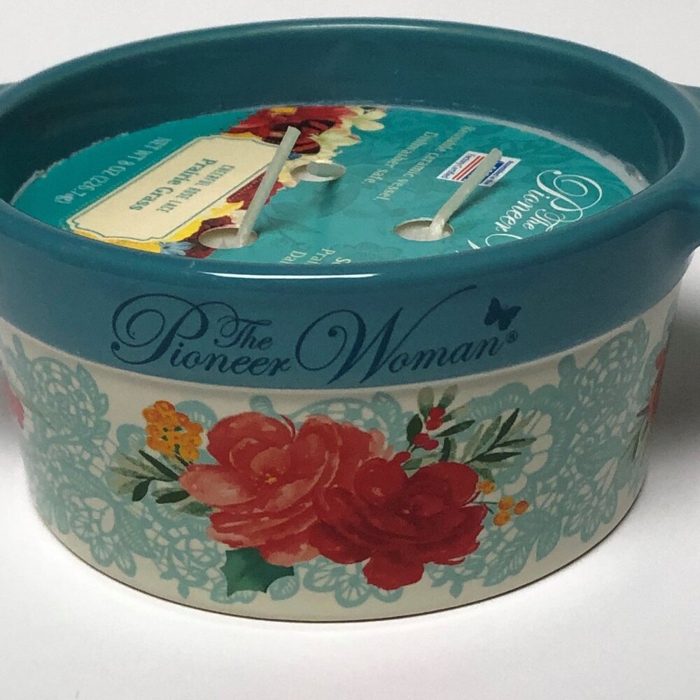 Pioneer Woman Ceramic Cocotte Candle Cheerful Rose Lace Prairie Grass 8oz New